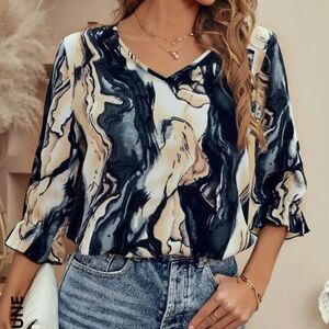Marble Print Flounce Sleeve Blouse XL (12)